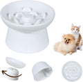 Unbreakable Raised Slow Feeder Bowl for Cats and Small Dogs, Elevated Cat Bowls, Detachable Slow Feede Bowl, Heavy Weighted, Non-Slip Feeder, Dry & Wet Food, Whisker Friendly Flat Plates (White by FullCharm