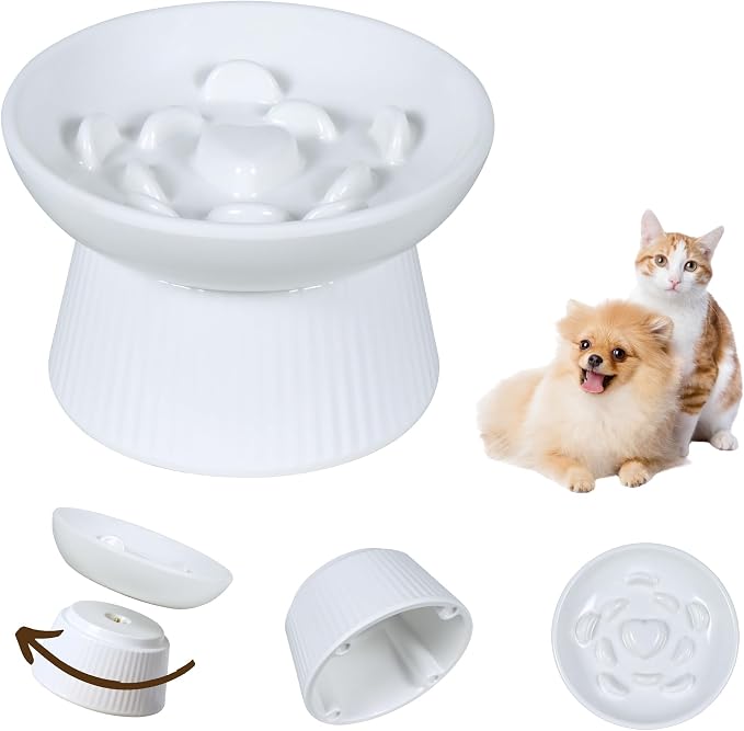 Unbreakable Raised Slow Feeder Bowl for Cats and Small Dogs, Elevated Cat Bowls, Detachable Slow Feede Bowl, Heavy Weighted, Non-Slip Feeder, Dry & Wet Food, Whisker Friendly Flat Plates (White by FullCharm