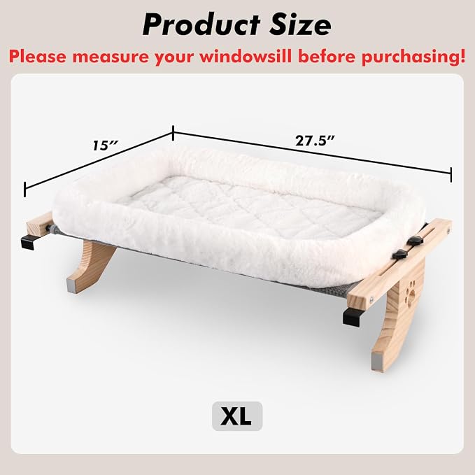 AMOSIJOY Wooden Cat Windowsill Perch with Zipper Cushion Bed, 27.5in | Sturdy Wood & Metal Frame Hold up to 40lbs, Machine Washable, Easy to Adjust, Hook-on Mounting Cat Hammock Seat for Large Cat - Image 3