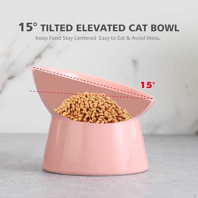 Raised Ceramic Cat Food Bowl - Elevated Base, Tilted, Anti Vomit - Whisker Friendly Shallow Wide Feeding Bowl - Microwave and Dishwasher Safe - Image 4