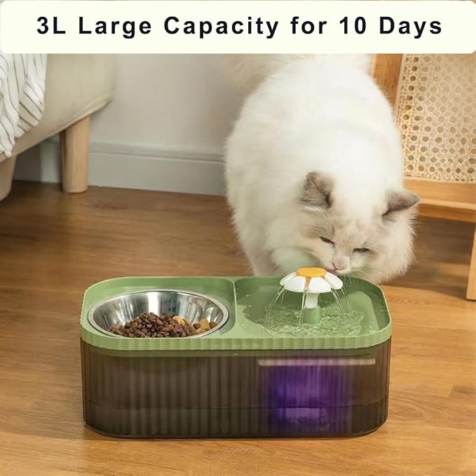 Marchul Cat Water Fountain and Stainless Steel Food Bowl, 100oz/3L Super Quiet Automatic Pet Water Dispenser with Smart Pump and 3 Replacement Filters for Cats and Small Dogs, Green - Image 3