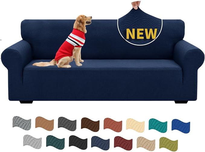 XINEAGE Stretch Jacquard Sofa Cover, Non Slip Sofa Slipcover for Dog | High-Stretch Fabric. Wear-Resistant, Pet Friendly. Easy Install & Washable for Living Rooms, Offices.Navy Blue by XINEAGE