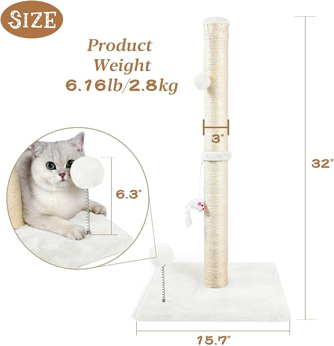 ANWA 32" Tall Sisal Cat Scratching Posts Tree for Indoor Cats Adults, White | Sisal Cat Scratcher, Small Space, Cat Post with Dangling Plush Toys for Indoor Cats, 15.7" Stable Base, Cat Furniture - Image 2