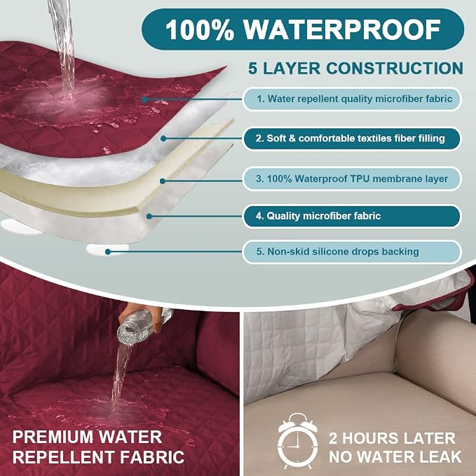 Turquoize 100% Waterproof Sofa Covers Chaise Lounge L Shape Sofa Protector Slip Cover Triple Non-Slip Sofa Slipcover for Sectional Couch Cover for Pets, Kids (Chaise, Burgundy) - Image 3