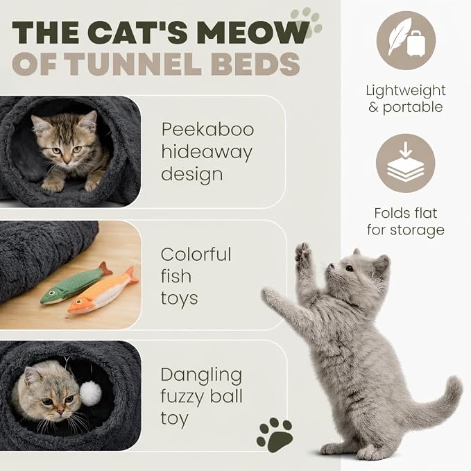 Cat Tunnel Bed with 2 Catnip Fish Toys (1000mg Natural Catnip) Interactive Cat Toys, Cat Tubewith Kitten Toys for Indoor Kittens, Collapsible Play Tunnel, Dark Grey - Image 8