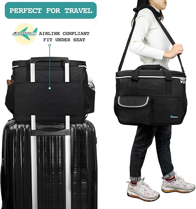 PetAmi Dog Travel Bag Organizer, Pet Supplies Tote Diaper Bag, Black Medium | Pet Travel Kit with 2 Food Containers & 2 Collapsible Dog Bowls, Luggage Sleeve, Weekend Getaway Road Trip Camping Essentials - Image 5