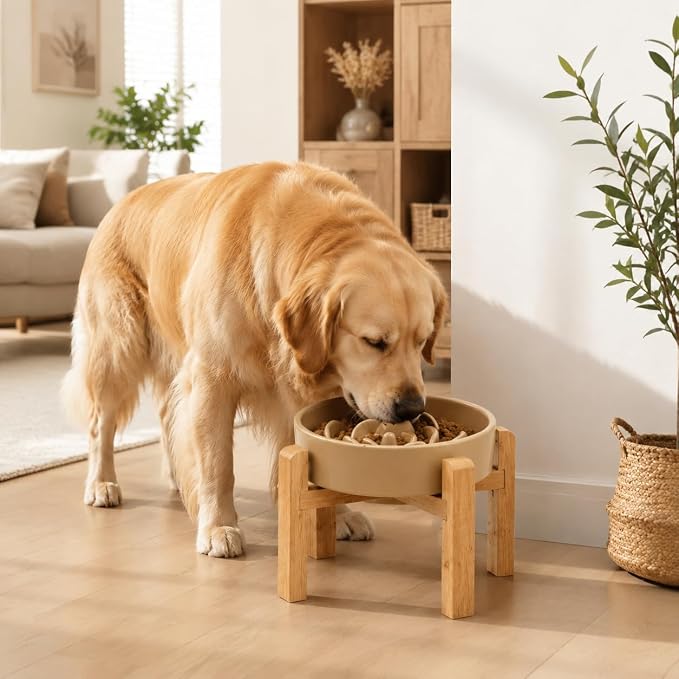 Elevated Ceramic Slow Feeder Dog Bowls Anti-Choking Slow Feeding for Medium& Large Anti-Slip Non-Lead & Toxic Durable Easy to Clean Maze Slow Feeder Bowl（8.66in Khaki Flower Pattern） - Image 7