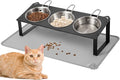 Elevated Cat Bowls with Food Mat, 10°Tilted Non-Slip Raised Cat Food Water Bowls Set, 3 Thick Stainless Steel Pets Dishes with Handles to Indoor Kitten Puppy, Anti-Vomiting Cute Metal Feeding Stand by HOVNKUT