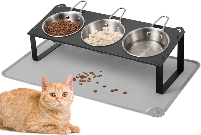 Elevated Cat Bowls with Food Mat, 10°Tilted Non-Slip Raised Cat Food Water Bowls Set, 3 Thick Stainless Steel Pets Dishes with Handles to Indoor Kitten Puppy, Anti-Vomiting Cute Metal Feeding Stand by HOVNKUT