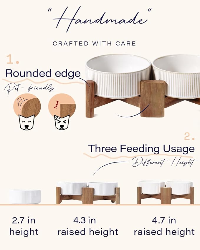 Getstar Ceramic Dog Bowls Set with Acacia Wood Stand, 3.5 Cups Pet Bowls Set of 2 for Medium Dogs, Cute Dog Raised Food Bowl, Cat Bowls - Image 4