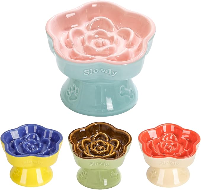 S&Q's CERAMICS Raised Slow Feeder Cat Bowl, Ceramic Elevated and Titled Glass Food Bowl Small Dogs Slow Feeder, Flower Shaped Cute Cat Dish for Dry and Wet Food (Pink, 5.8") by SQsCeramics