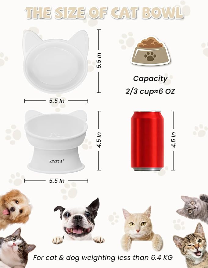 YINEYA Cat Bowls, Cat Food Bowl Elevated to Protect Neck & Anti-Vomit, Whisker-Friendly Raised Food & Water Bowls for Indoor Cats/Small Dogs, Cute Pet Feeding Bowl 6 OZ Each, Dishwasher Safe, White - Image 4