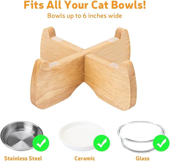 Elevated Cat Bowl Stand 6.1" Diameter 3.5" High with Non-Slip Pads | Natural Rubberwood, Universal Fit, Detachable, Raised, Anti Vomiting, Ergonomic, Wooden Pet Feeder Holder, Home Decor - Image 5