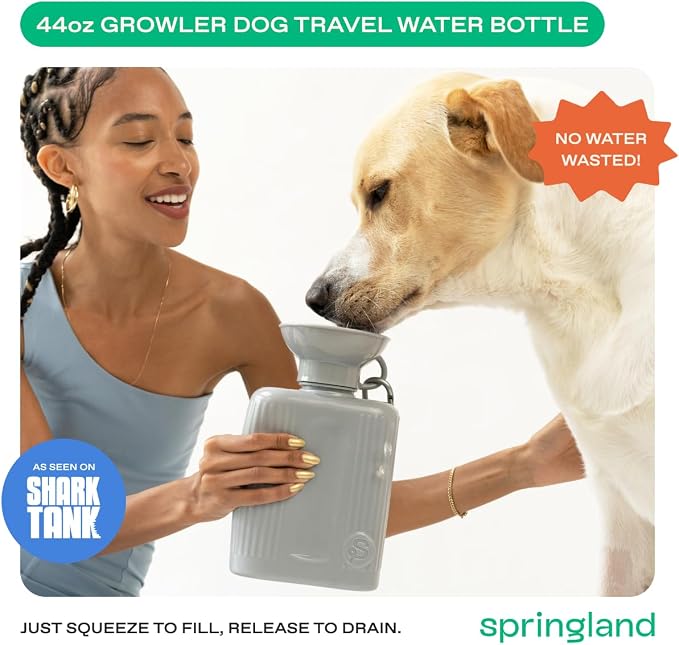 Springland 44oz Classic Portable Dog Water Bottle with Built-in Bowl, Gray | Leak-proof, BPA-free, one-hand squeeze, for travel & hiking, fits car cup holders, great dog gift, as seen on Shark Tank - Image 2
