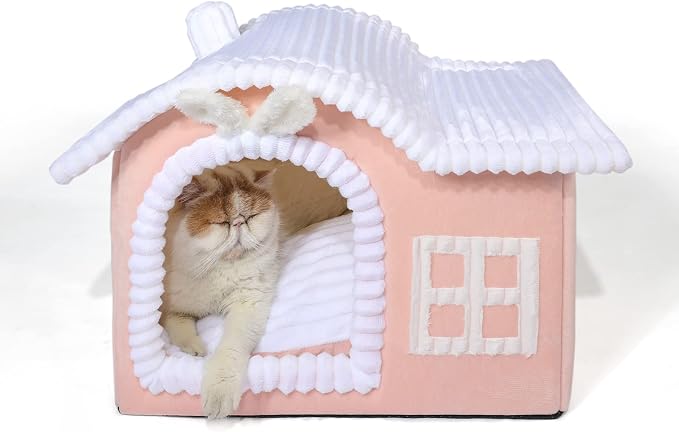 Rabbit Cat House for Indoor Cats, Cute Covered Cat Bed with Spacious Interior, Pet Cave Bed Up to 3-15 Lbs Kitten, Pink by JIUPETY