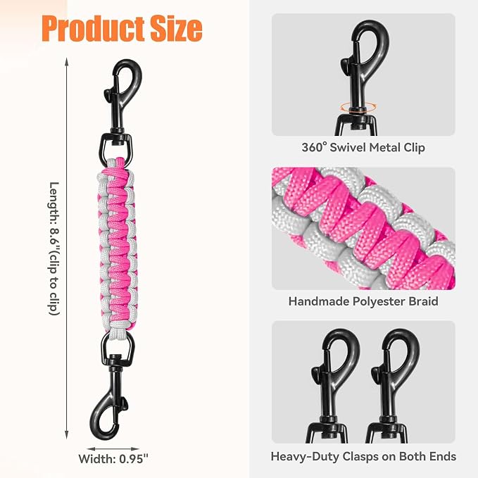 Dog Collar Safety Clip, Collar Companion, Handmade Backup Safety Strap, Double-Ended Clip Leash Connector, Suitable for Dog Harnesses, Prong, Pinch Collars (Pink,Light Gray, 1 Pack) - Image 3