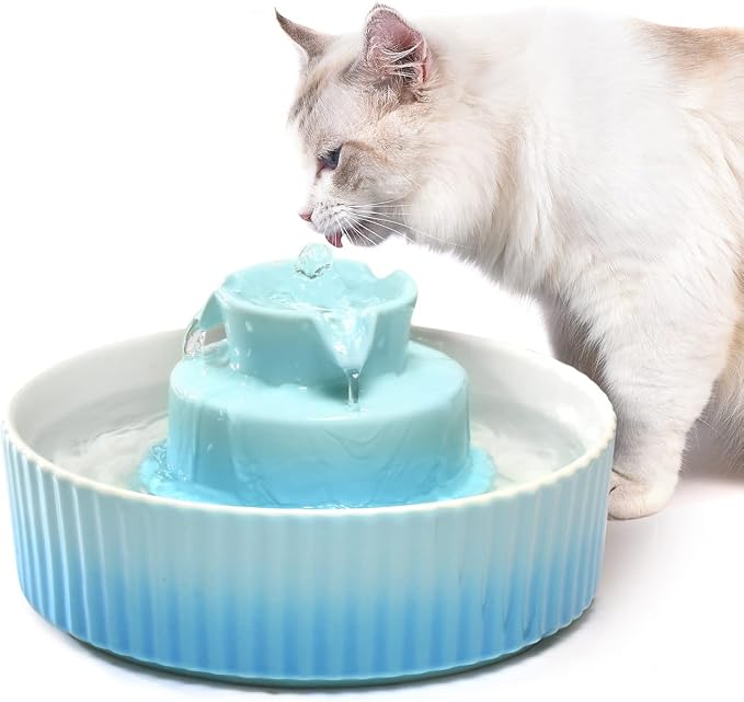 360 Ceramic Pet Fountain, Advanced Porcelain Cat Water Fountain, 70 oz.Drinking Fountains Bowl for Cat and Dogs with Replacement Filters and Foam (Green Blue) by Cepheus