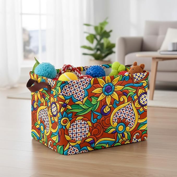 Mexican Talavera Storage Basket Waterproof Canvas Toy Storage Bin Mexican Decor Collapsible Outdoor Basket with Leather Handles Talavera Decor Blanket Baskets For Closets,Bedrooms,Gifts Baskets - Image 5