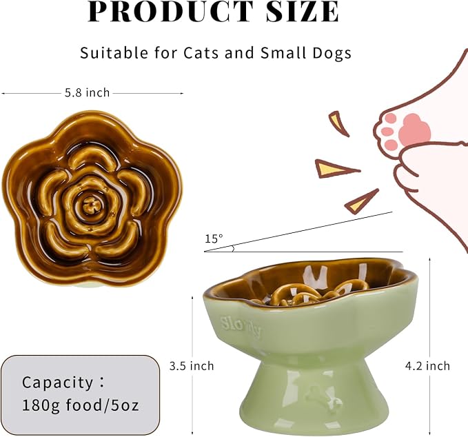 S&Q's CERAMICS Raised Slow Feeder Cat Bowl, Ceramic Elevated Cute Pet Food Bowl Small Dogs Slow Feeder, Flower Shaped Cute Cat Dish for Dry and Wet Food (Brown, 5.8") - Image 2