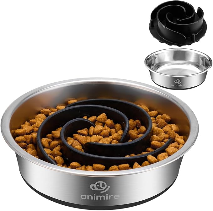 2-in-1 Metal Dog Bowl with Slow Feeder Insert, Stainless Steel Dog Bowls Food Grade 304, Water Food Bowl with Anti-Slip Silicone Base for Small, Medium, Large Dogs by Animire