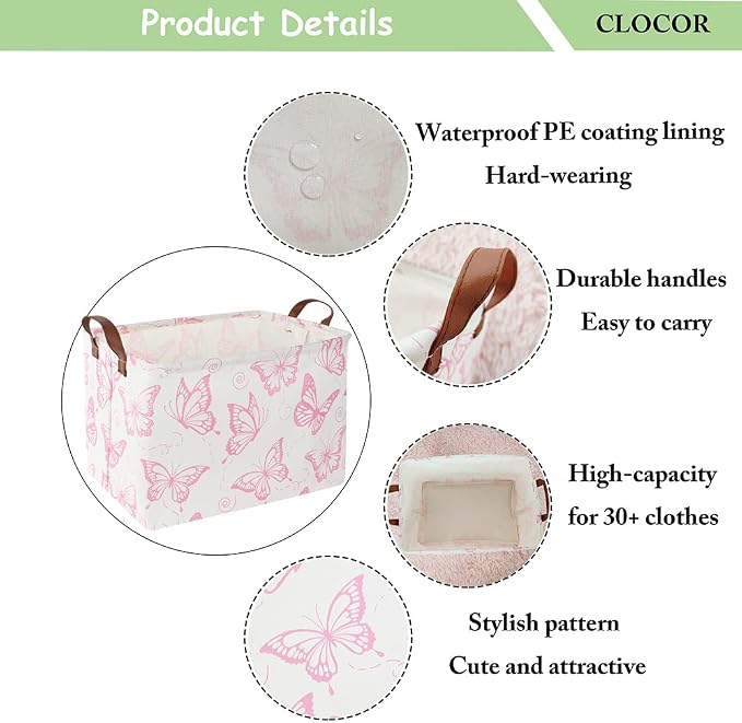CLOCOR Rectangular Fabric Storage Bin, Waterproof Storage Box with Handles(Pink Butterfly) - Image 6