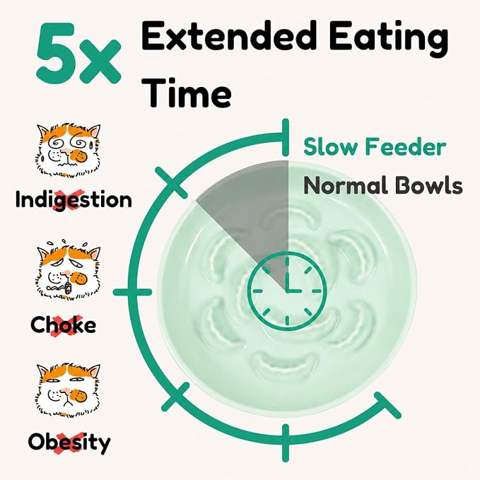 Slow Feeder Cat Bowls with Bamboo Stand, Ceramic Elevated Pet Food Plates for Cats and Small Dogs, Raised Non-Slip Feeder (Green/6.3") - Image 3