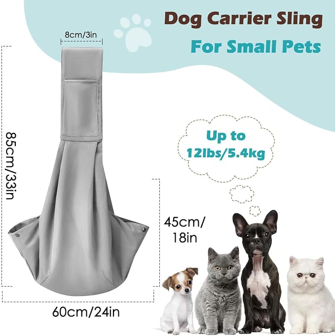 Pawaboo Small Dog Sling Carrier | Reversible Puppy Small Pet Carrier,Hands Free,Safety Buckle,Storage Pocket for Travel,Outdoor Activities Light Gray - Image 2