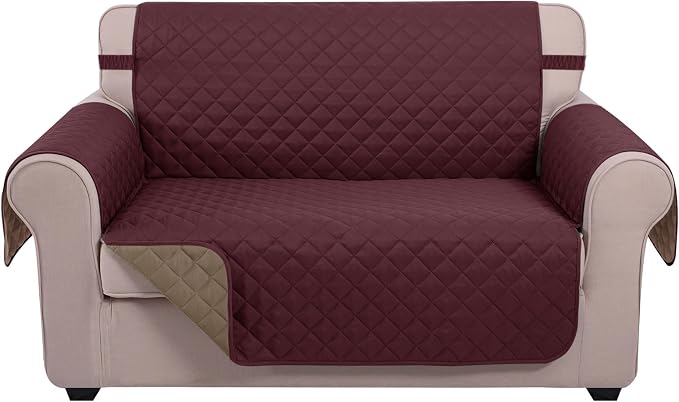 U-NICE HOME Loveseat Sofa Cover for 2 Cushion Couch, Burgundy/Tan | 45''Loveseat Cover Washable, Pet Friendly, Elastic Straps, Water Repellent, Furniture Protector for 2 Cushion by U-NICEHOME