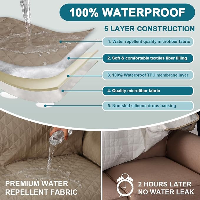 Turquoize 100% Waterproof Sofa Covers Chair Cover Slipcover Couch Protector Triple Non-Slip Sofa Slipcover for 1 Cushion Furniture Protector for Pets, Kids,Dog (Chair 23", Taupe) - Image 3