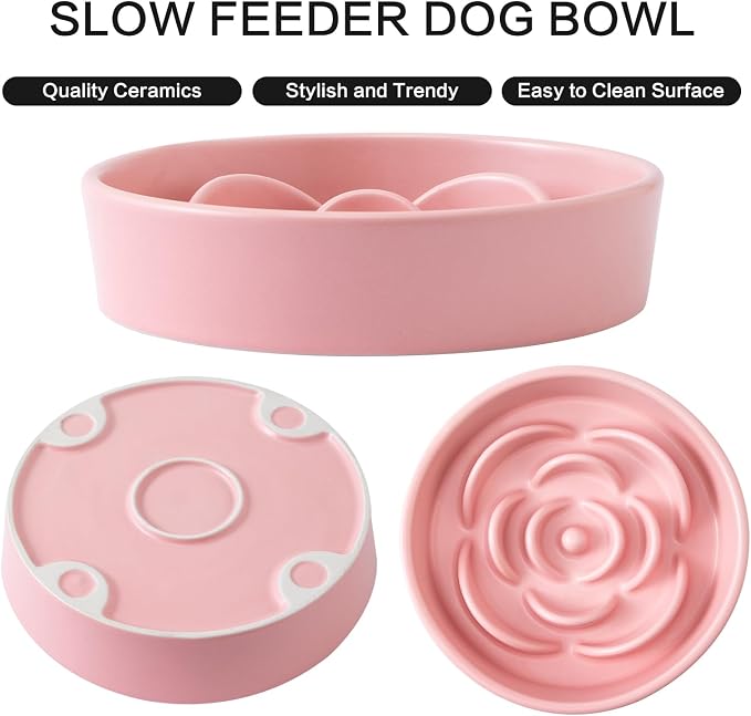8.25'' Ceramic Slow Feeder Dog Bowls - Petal Shape Modern Dog Food Dish for Medium and Large Breeds, Puzzle Maze Bowl to Slow Down Eating, Anti-Gulping, Dishwasher & Microwave Safe, Pink - Image 2