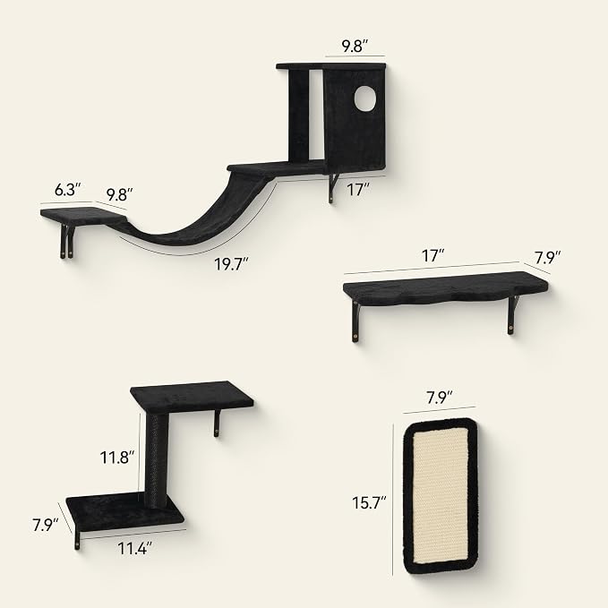 Meecal 6-in-1 Cat Wall Shelves, Wall Mounted Cat Furniture Set with Scratching Posts, Cat Bed & Bridge, Space Saving Cat Climbing Perch for Kittens, Black - Image 3