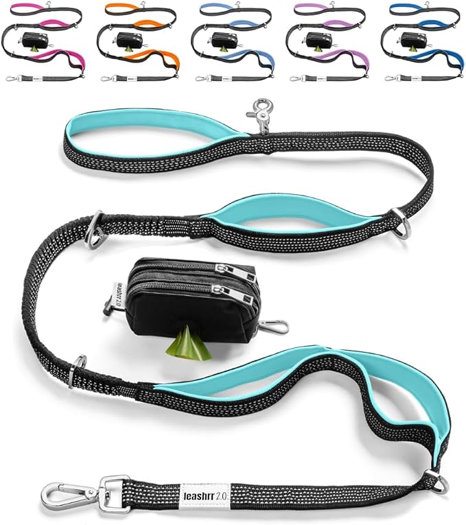 Dog Poop Bag Holder with Dispenser & Storage Pouch - Includes Adjustable Reflective Dog Leash (6FT Bungee, Padded Handles) - Durable Leash for Walking, Training & Travel (Aqua) by Leashrr20