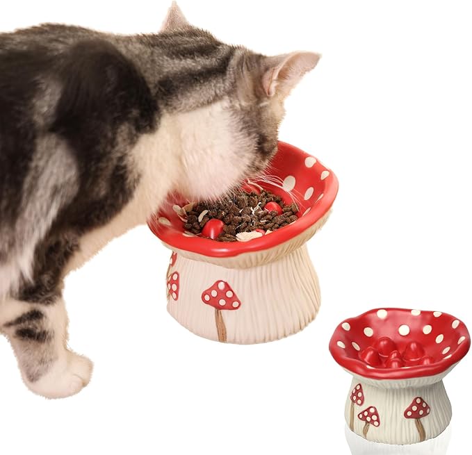 Ceramic Cat Slow Feeder, Cute Mushroom Shape Elevated Food Bowl, Shallow Raised Cat Dish, Anti Vomiting Whisker Fatigue Bowls by Careforyourbelovedfurbaby