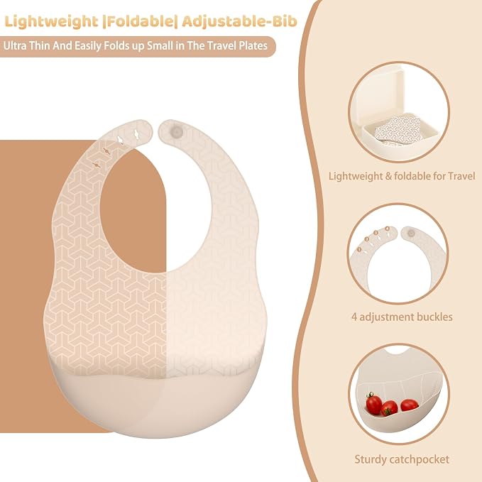 Beige Travel Silicone Foldable Feeding Set, On-the-Go Baby Feeding Supplies Including Toddler Plates, Silicone Baby Spoon&Fork, Adjustable Foldable Bib, Portable Infant Toddler Utensils - Image 2