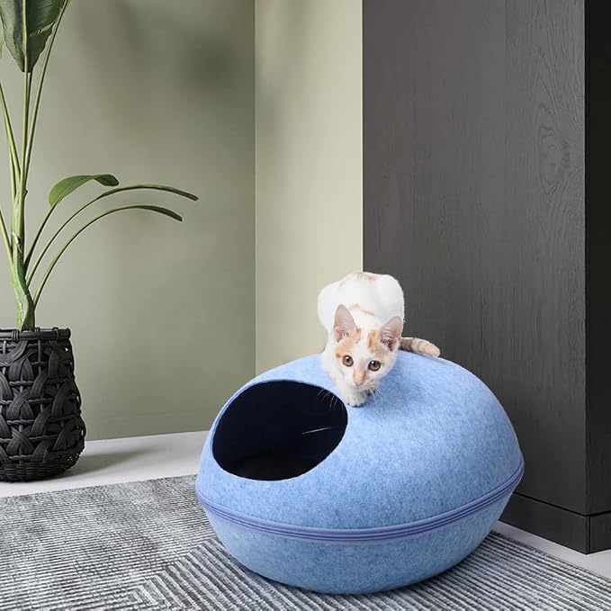 Felt Cat Cave Bed with Removable Cover, Cozy Pet Shelter for Indoor Cats, Zippered Washable Cat House with Roomy Interior (Light Gray, for Cats Under 15 lbs, Eggshell Dome Cat Bed) - Image 6