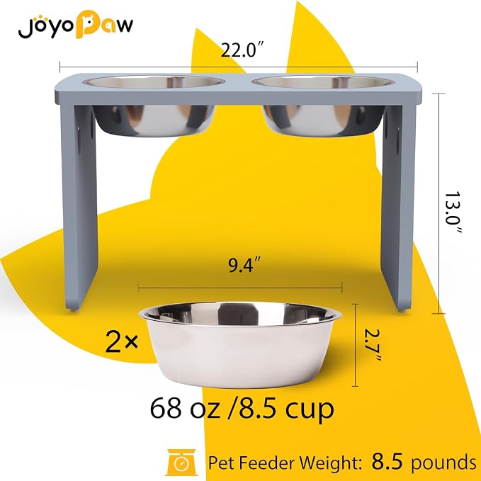 Elevated Dog Bowls, Bamboo Raised Dog Bowl for Large Dogs, with 2 Stainless Steel Bowls (13'' Tall-68 oz Bowl, Grey) - Image 2