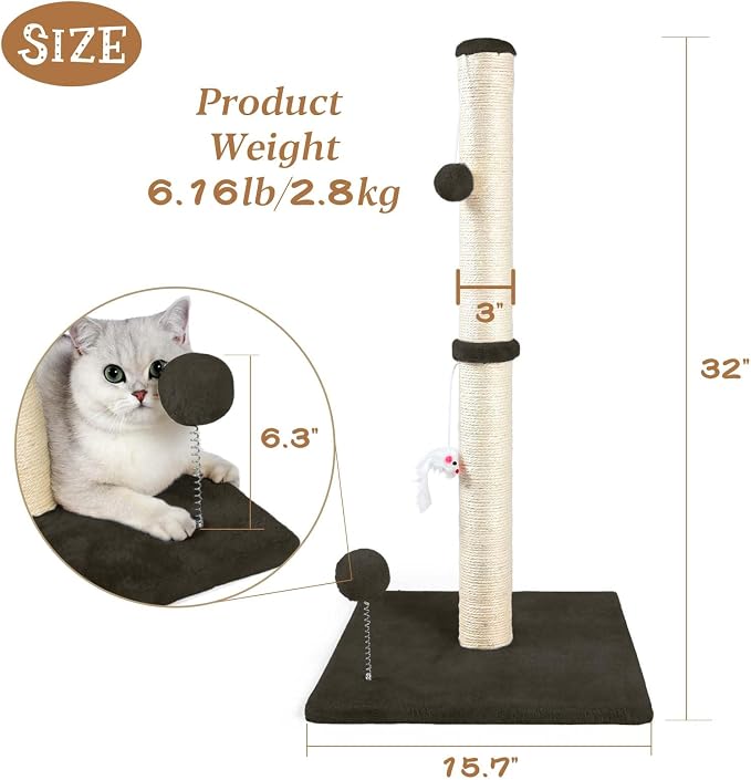 ANWA 32" Tall Sisal Cat Scratching Posts Tree for Indoor Cats Adults, Brown | Sisal Cat Scratcher, Small Space, Cat Post with Dangling Plush Toys for Indoor Cats, 15.7" Stable Base, Cat Furniture - Image 2