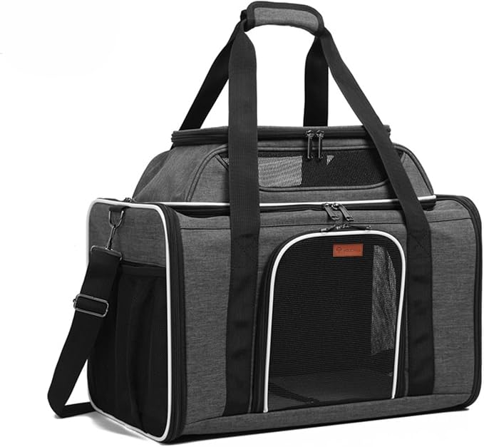 19" Large Pet Carrier for Cats & Small Dogs up to 25 lbs, Airline Approved Soft-Sided Dog Travel Bag, Top Expandable with Breathable Mesh, Washable Liner & Safety Tether. (Grey) by Youchee