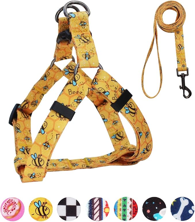 Dog Harness Leash Set Adjustable Heavy Duty No Pull Halter Harnesses for Small Medium Large Breed Dogs Back Clip Anti-Twist Perfect for Walking (L(23"-32" Chest Girth), Yellow Bee) by QQPETS