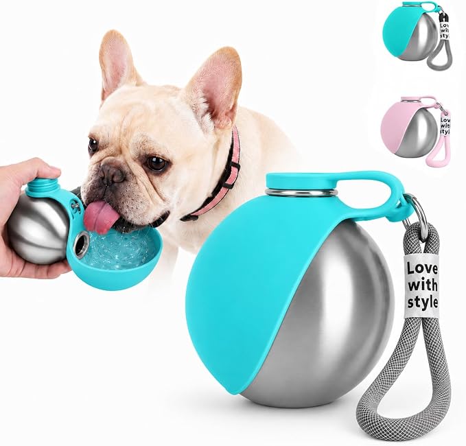 Portable Pet Dog Water Bottle with Silicone Collapsible Bowl, 10 oz Blue | Stainless Steel Pet Travel Dispenser with Rope | Dogs on Walks Hiking Accessories | Puppy Small Pets Essentials by Unknown