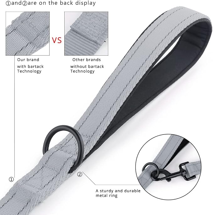 Plutus Pet Double Handle Dog Leash, 6 FT Long, for Medium Large Dogs | Reflective Nylon, Soft Padded 2 Handles, Heavy Duty for Training, Dual Handle Lead, 6 FT x 1”, Gray - Image 2