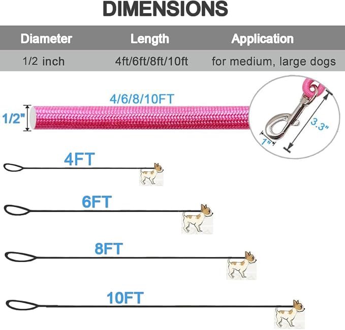 MayPaw 4/6 /8/10 FT Dog Leash, Classic Solid Colors, Strong Nylon Rope Dog Leash Reinforced with Leather Tailor Connection Heavy Duty Silver Clasp (Pink, 4ft*1/2") - Image 4