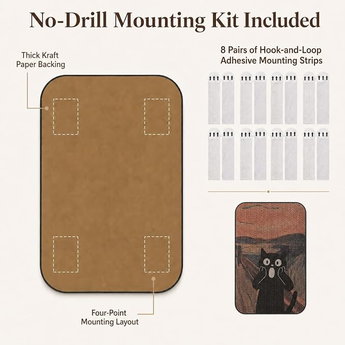 2 Pack Cat Wall Scratcher, Art Cat Scratching Board for Cats | Wall Mounted Cat Scratch Pad, Water-Based Ink, Hook&Loop Strips, Floor or Wall Use, 16.7x11x1 Inch, Goldfish & Scream - Image 4
