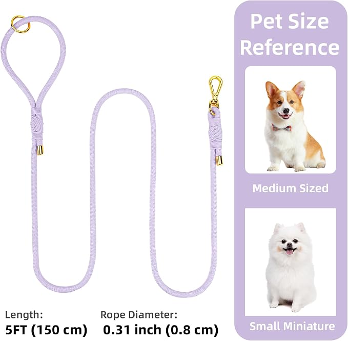 5FT Dog Leash 5/16 inch Puppy Cat Rope Lead | Light Purple, with Anti-tangle Swivel Clip, Comfortable Non-slip Grip Handle, Ideal for Daily Walks, for Small Medium Dogs - Image 2
