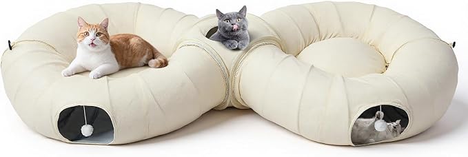 Pawaboo 2-in-1 Cat Tunnel Bed, 8-Shaped Cat Tunnels, Beige | Foldable Cats Cave Hideout Kitty Toys with Fluffy Balls, Donut Tunnel for Kitten Rabbit Ferret by Pawaboo