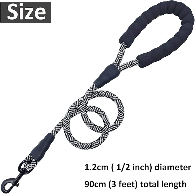 MayPaw Heavy Duty Rope Dog Leash, 3/4/6/7/8/10/12/15/20/30FT Nylon Pet Leash, Soft Padded Handle Thick Lead Leashes for Large Medium Dogs (Black, 1/2" * 3') - Image 5