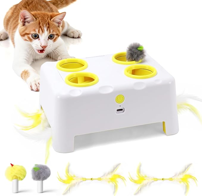 Interactive Cat Feather Toy Cheese Box 3in1 Whack a Mole | 3 Play Modes, Paw-Safe 4 Hole Whack-a-Mole, Anti-Slip Base, 4 Interchangeable Accessories, USB Rechargeable Auto Cat Toy by PETSWEET