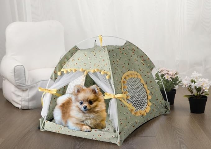 Cat Bed Tents Dog House Indoor Outdoor Lace Mesh Breathable Windows Door Curtains Removable Portable Nest Teepe House (Small,Green&Yellow) - Image 2