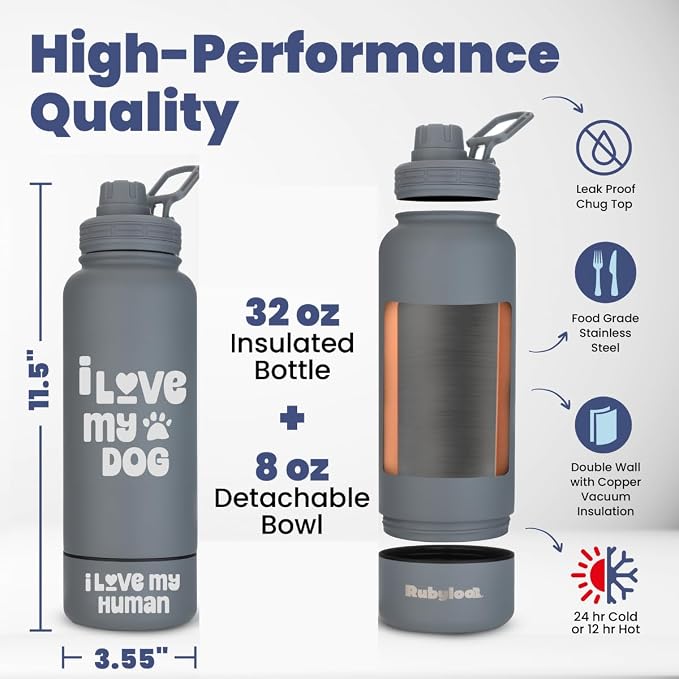 Rubyloo Dog Water Bottle with Detachable Bowl for Dog Lovers, I Love My Dog | 32oz Insulated Stainless Steel Bottle, 8oz Detachable Bowl, Leak-Proof Lid, BPA-Free, Hiking, Walking, Travel, Gift - Image 4
