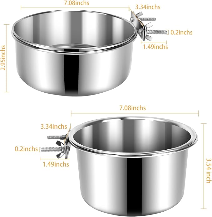 2 Pcs Stainless Steel Large Dog Crate Food Water Bowl, 82 & 56 OZ | Non-Spill, Detectable, Hanging Cage, Crate Feeder Dish with Clamp Holder for Large Pets, Size 7.1x3.7'' & 7.1x2.5'' - Image 2